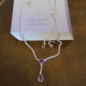 Far Away Necklace and Earrings set, Silver w/Amethyst Like Purple gemstones.